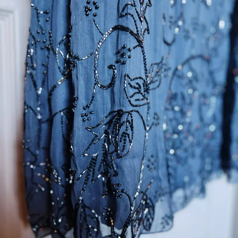 Seam Collection Beaded Navy Blue Chiffon Gown | Vintage Formal Dress | Size 10 - Picture 3 of 6